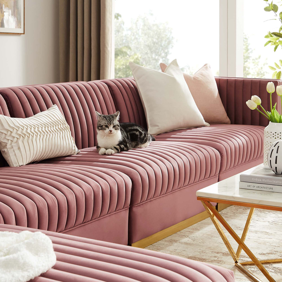 Sanguine 5-Piece Channel Tufted Performance Velvet Modular Sectional Sofa - Dusty Rose