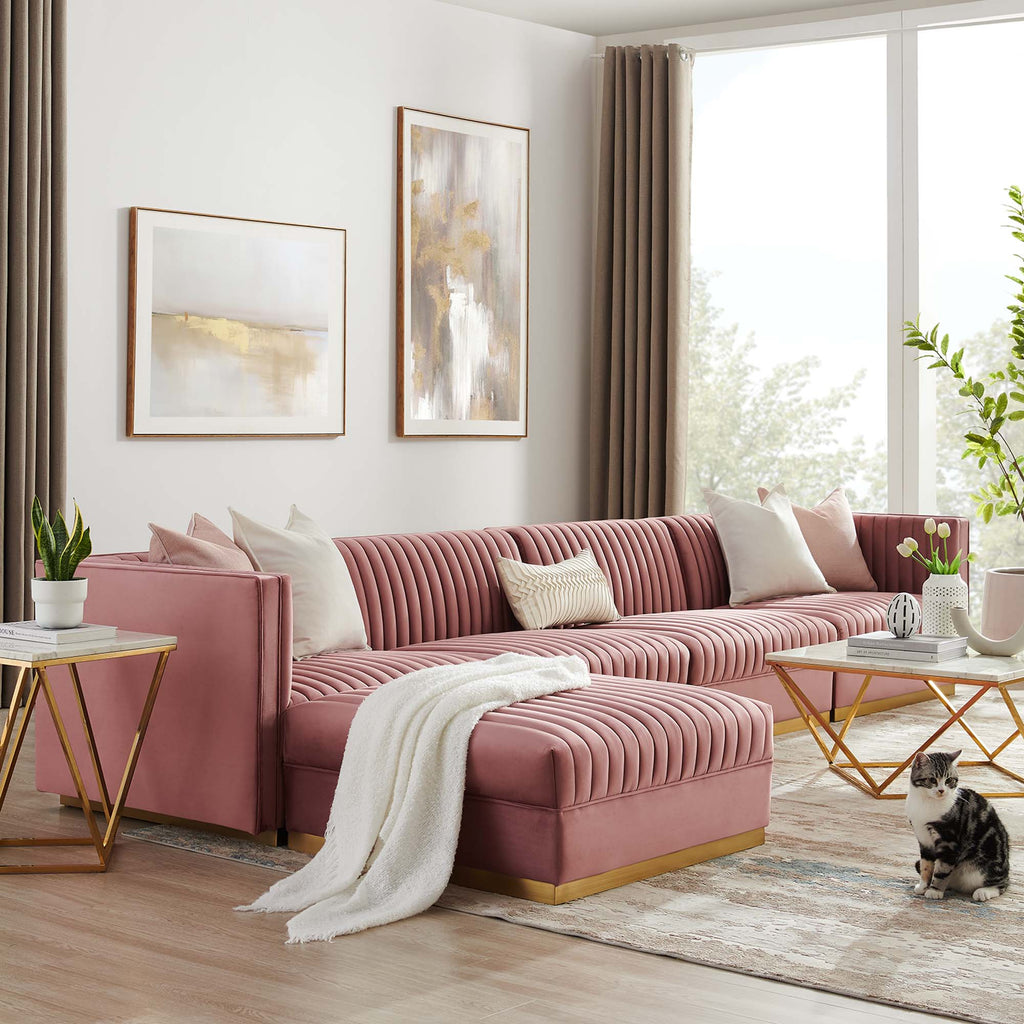 Sanguine 5-Piece Channel Tufted Performance Velvet Modular Sectional Sofa - Dusty Rose