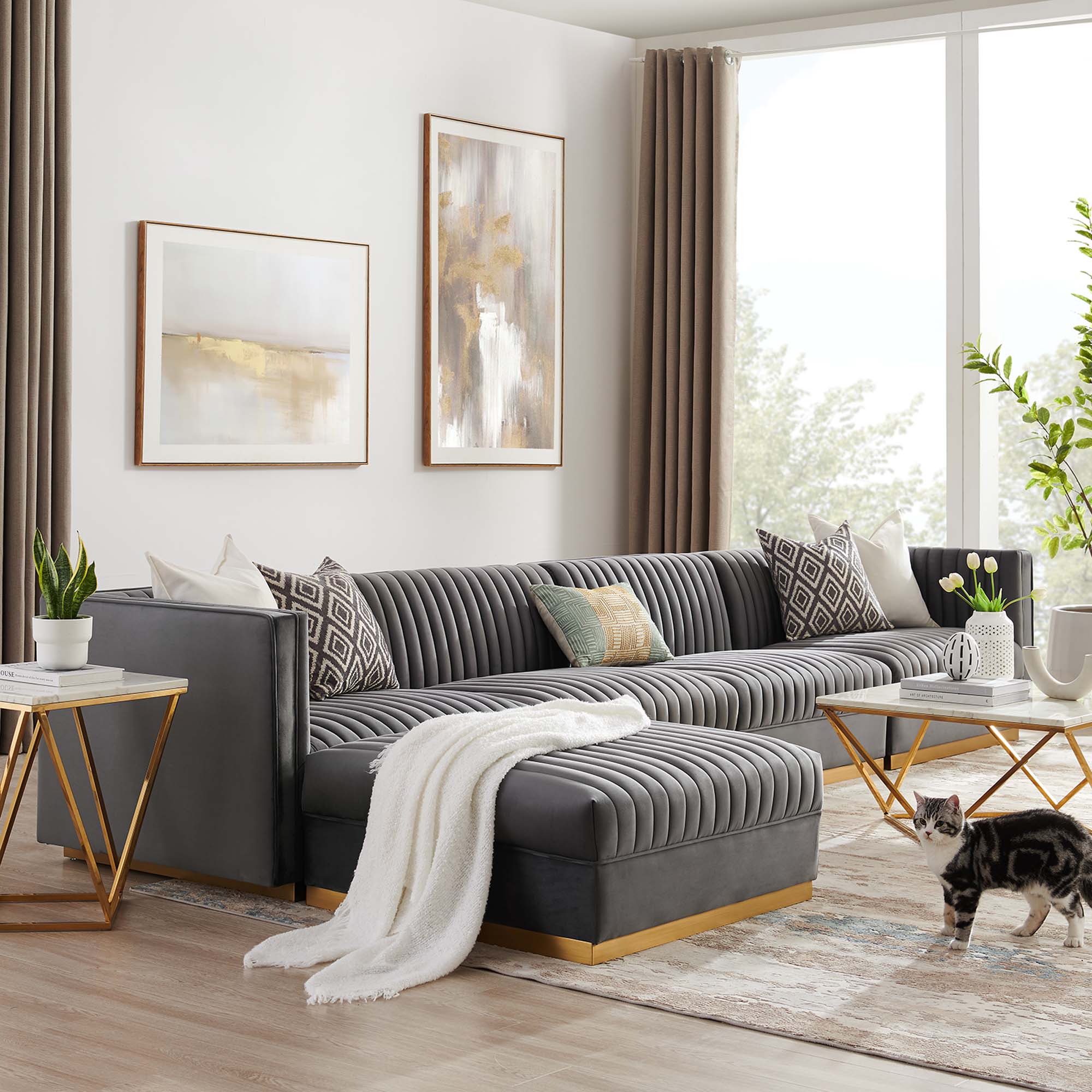 Sanguine 5-Piece Channel Tufted Performance Velvet Modular Sectional Sofa - Gray
