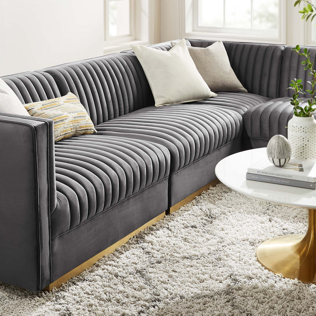 Sanguine 4-Piece Channel Tufted Performance Velvet Right-Facing Modular Sectional Sofa - Gray