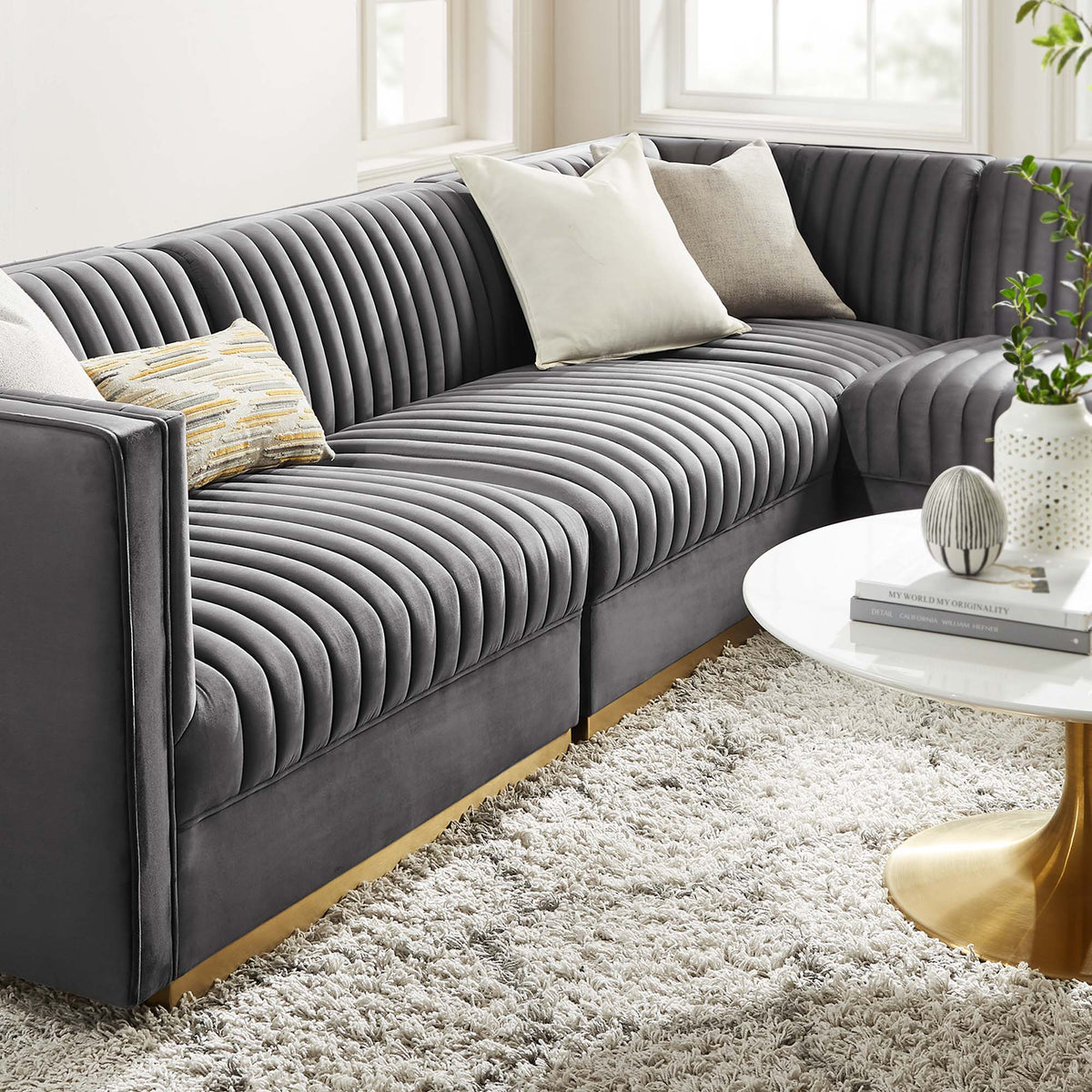 Sanguine 4-Piece Channel Tufted Performance Velvet Right-Facing Modular Sectional Sofa - Gray