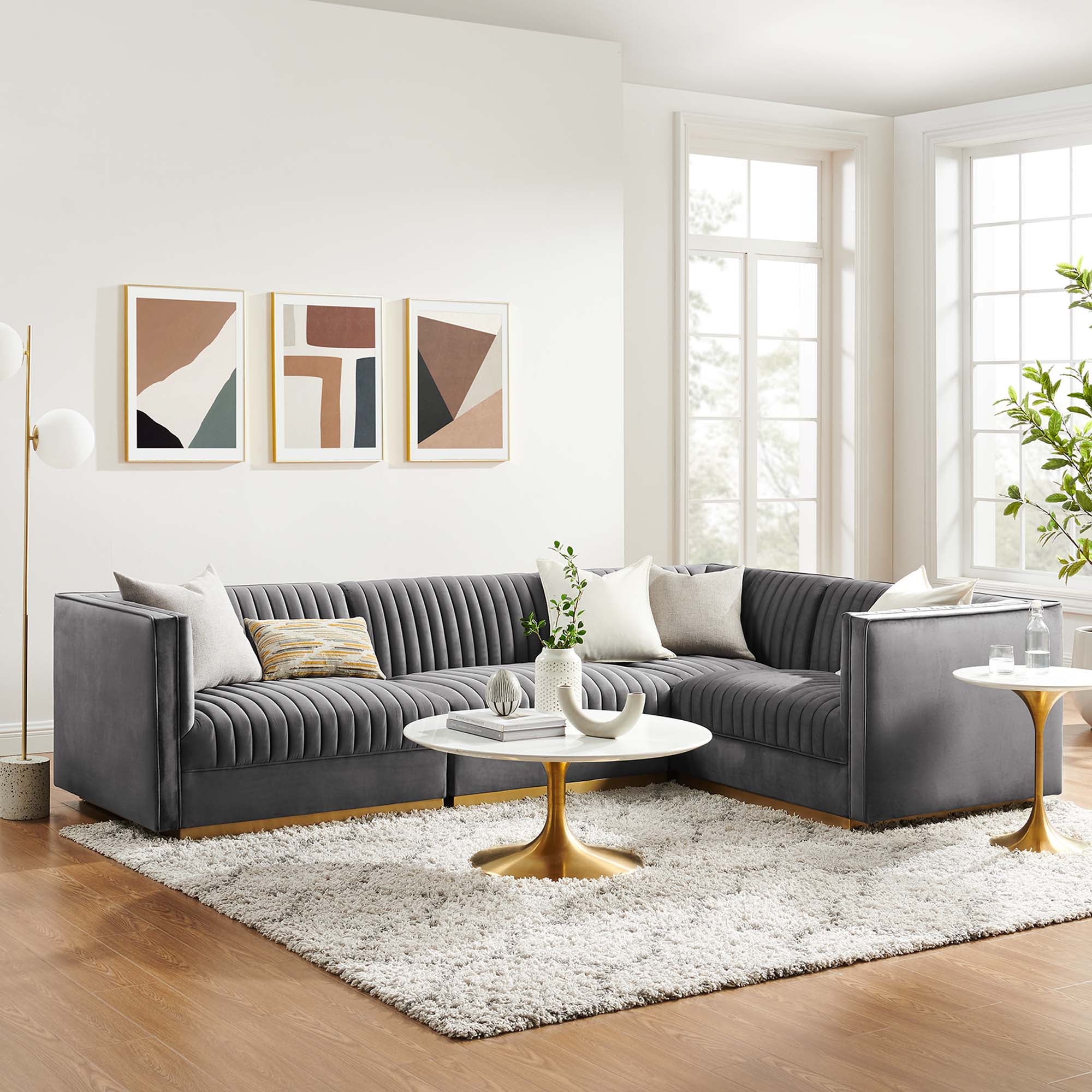 Sanguine 4-Piece Channel Tufted Performance Velvet Right-Facing Modular Sectional Sofa - Gray