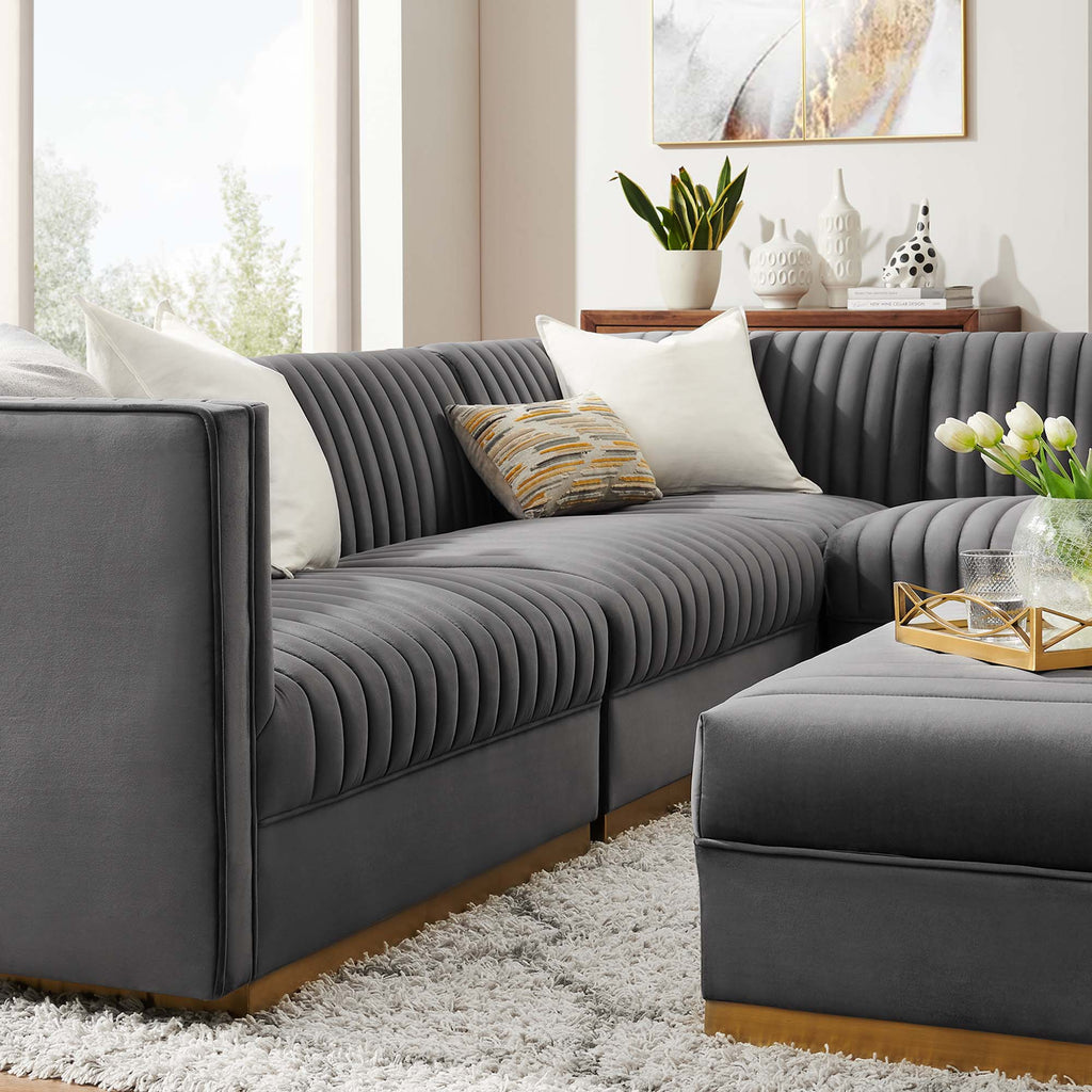 Sanguine 5-Piece Channel Tufted Performance Velvet Right-Facing Modular Sectional Sofa - Gray