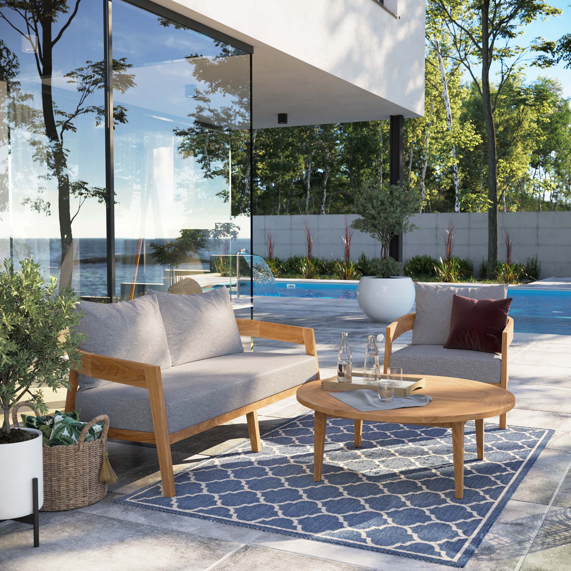 Brisbane 3-Piece Teak Wood Outdoor Patio Set - Natural Gray (Armchair, Coffee Table, Loveseat)