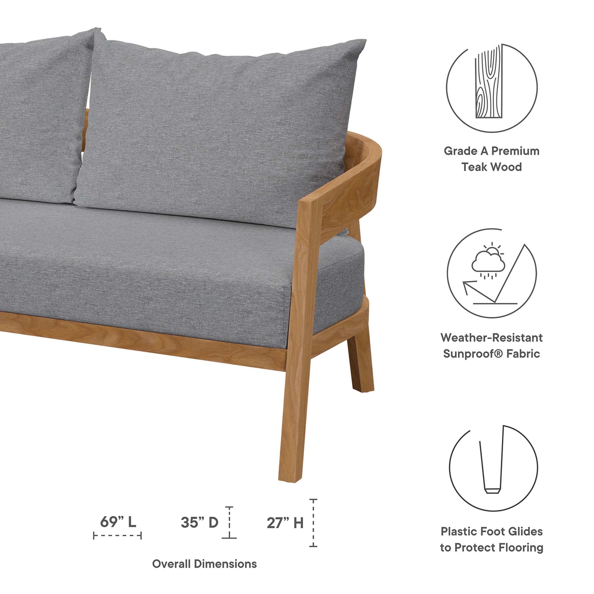 Brisbane 3-Piece Teak Wood Outdoor Patio Set - Natural Gray (Armchair, Coffee Table, Loveseat)