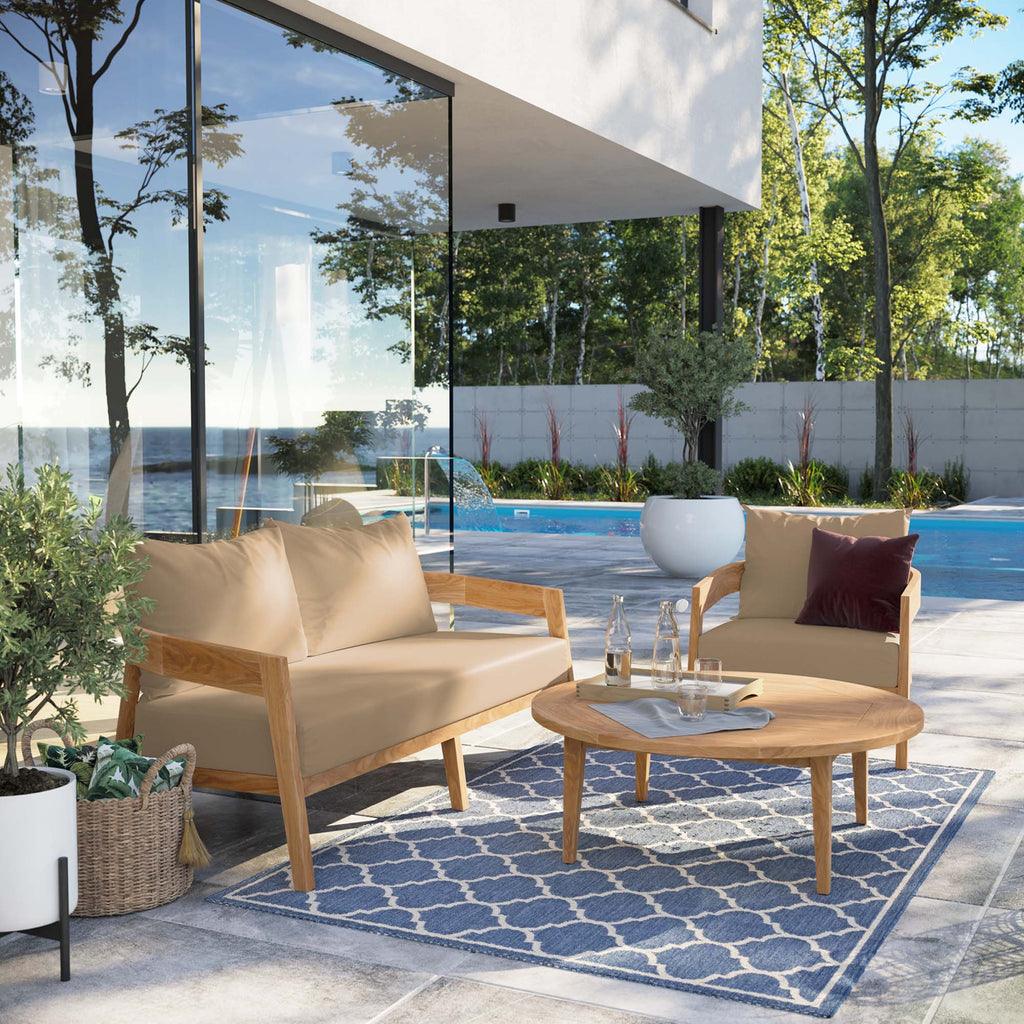 Brisbane 3-Piece Teak Wood Outdoor Patio Set - Natural Light Brown (Armchair, Coffee Table, Loveseat)