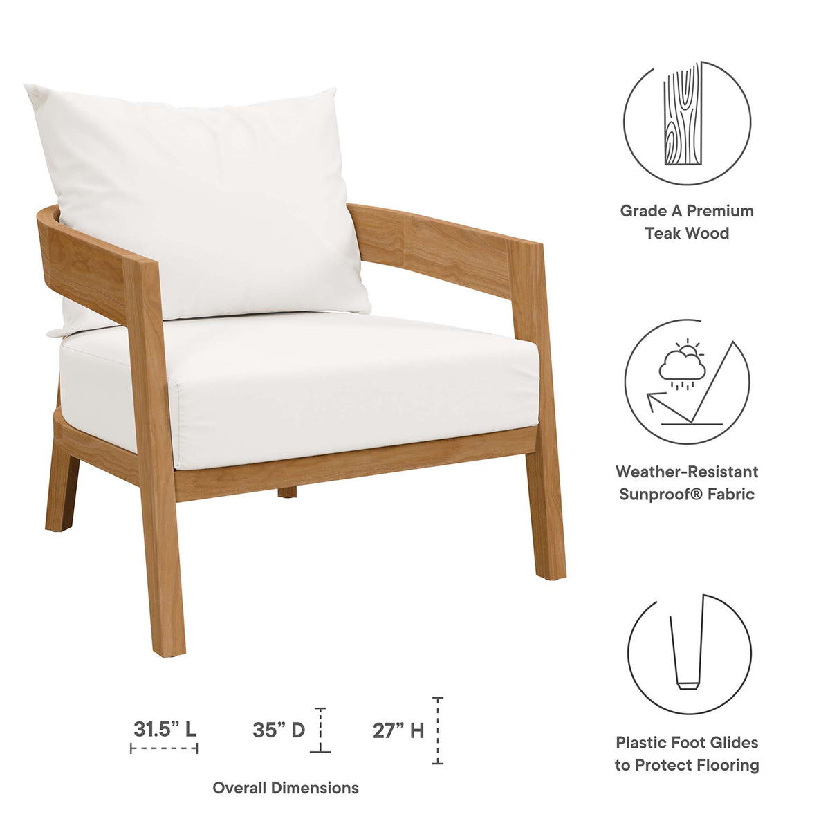 Brisbane 3-Piece Teak Wood Outdoor Patio Set - Natural White (Armchair, Coffee Table, Loveseat)