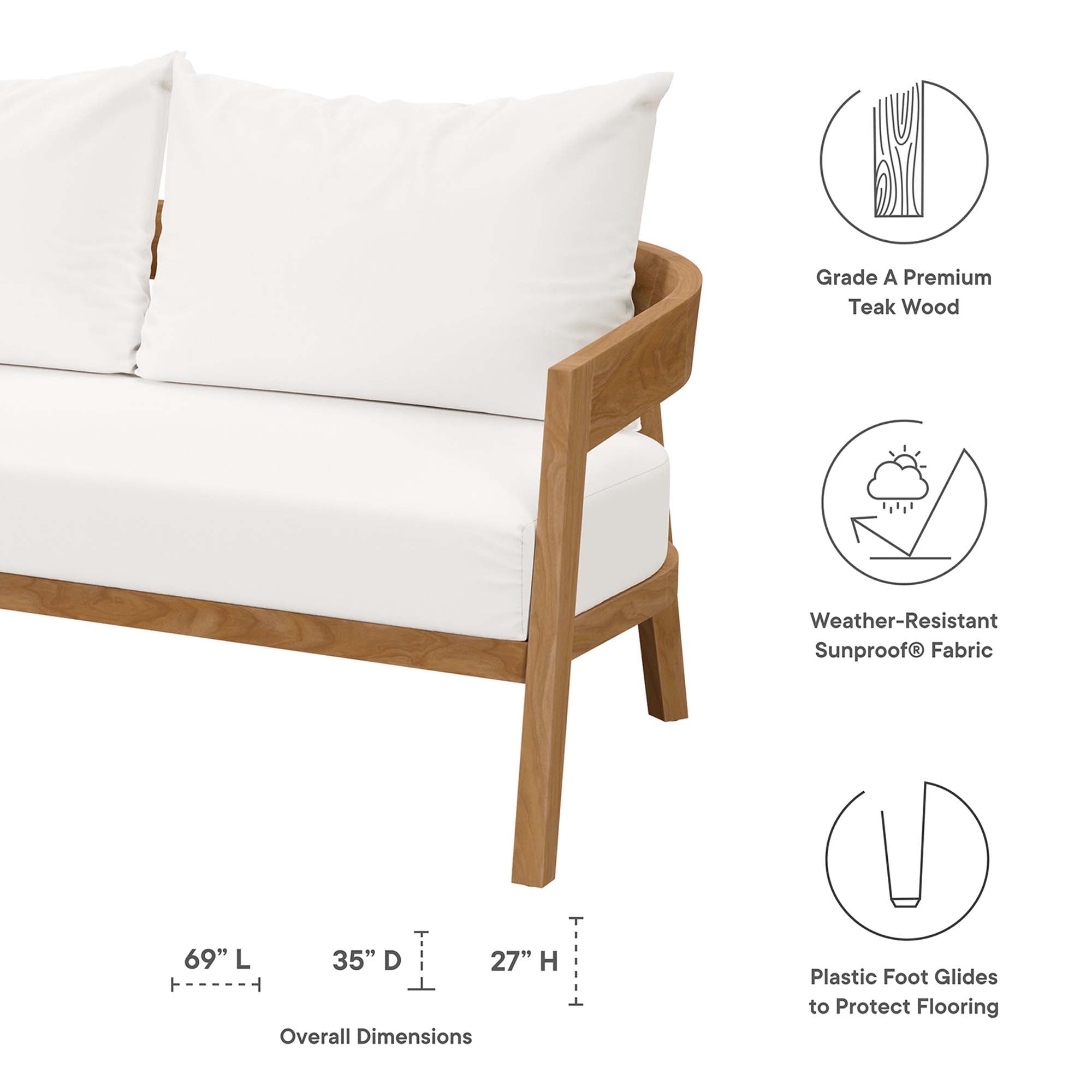Brisbane 3-Piece Teak Wood Outdoor Patio Set - Natural White (Armchair, Coffee Table, Loveseat)