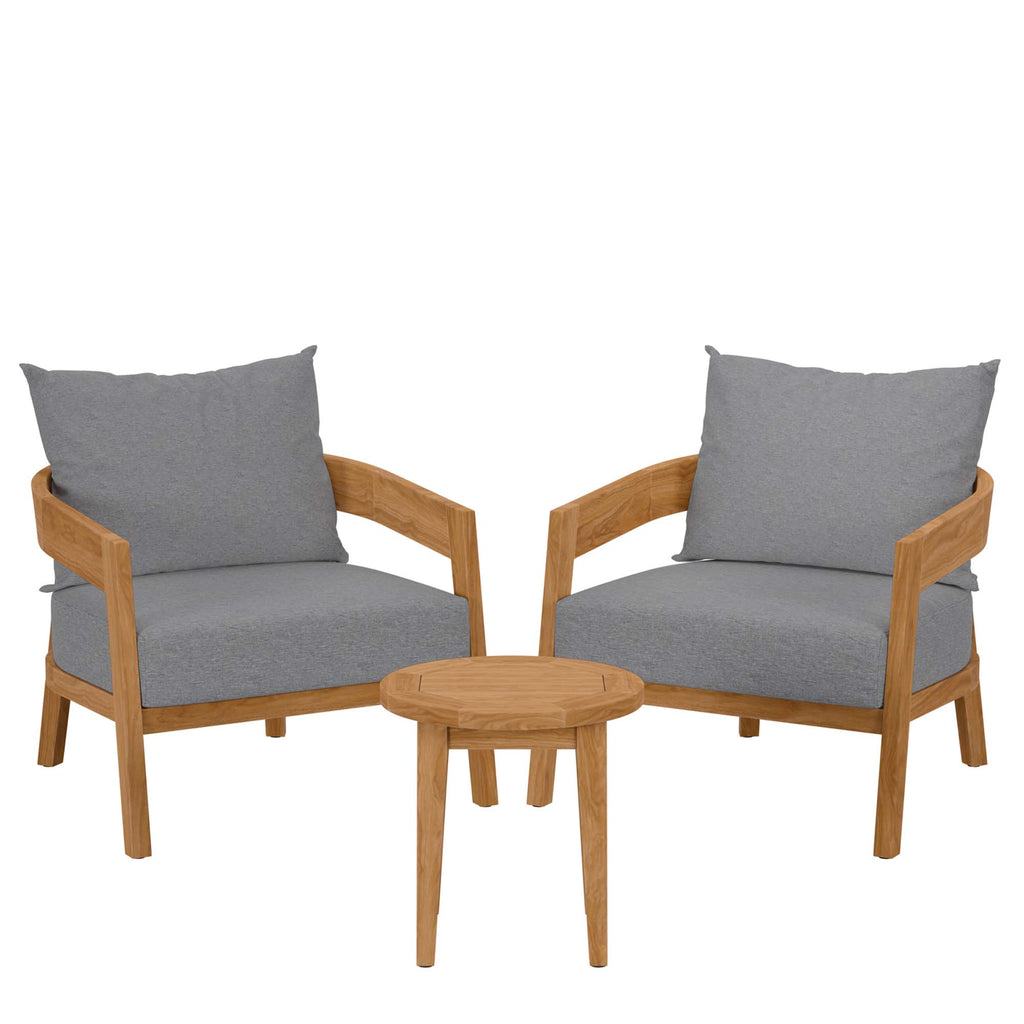 Brisbane 3-Piece Teak Wood Outdoor Patio Set - Natural Gray (2 Armchairs, Side Table)