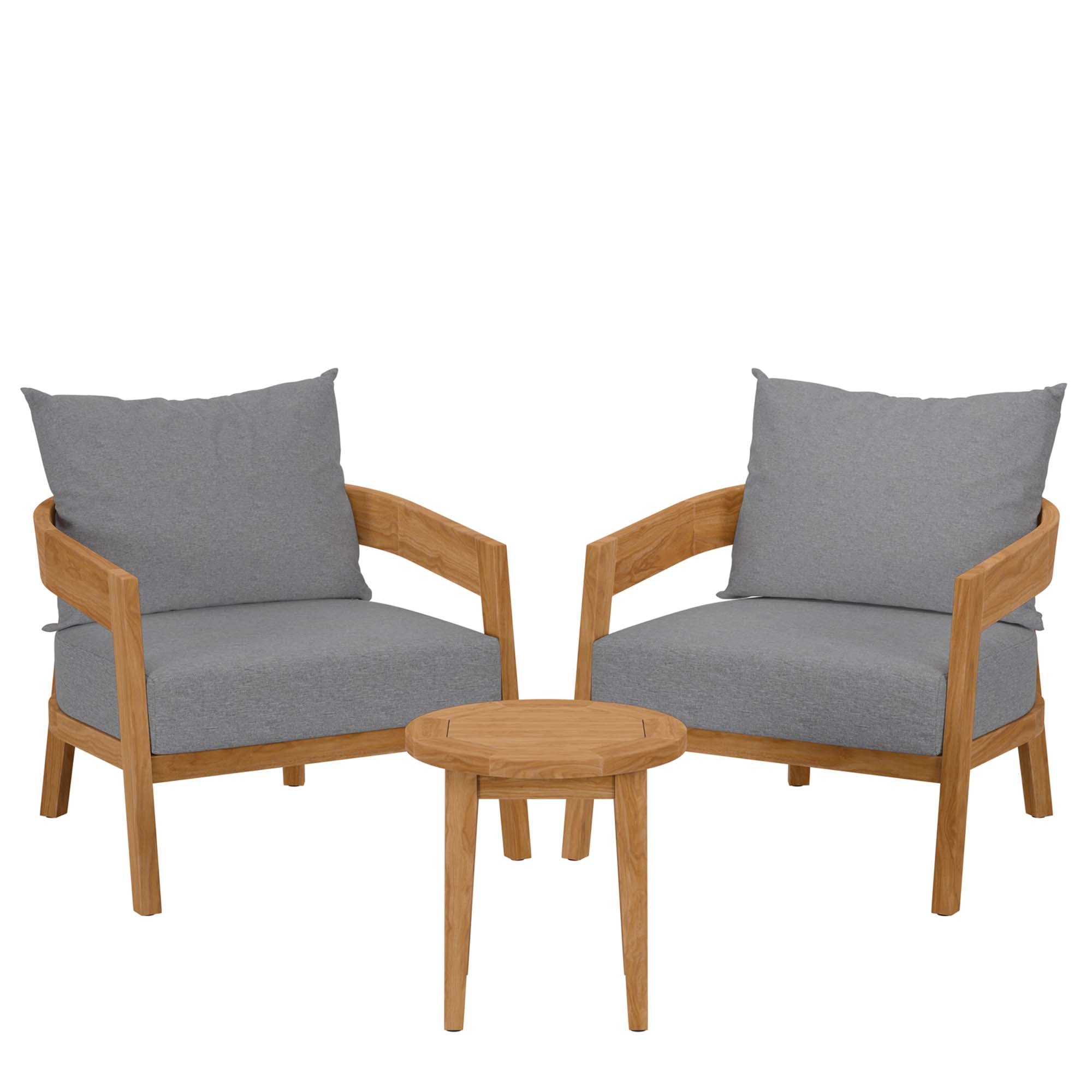 Brisbane 3-Piece Teak Wood Outdoor Patio Set - Natural Gray (2 Armchairs, Side Table)