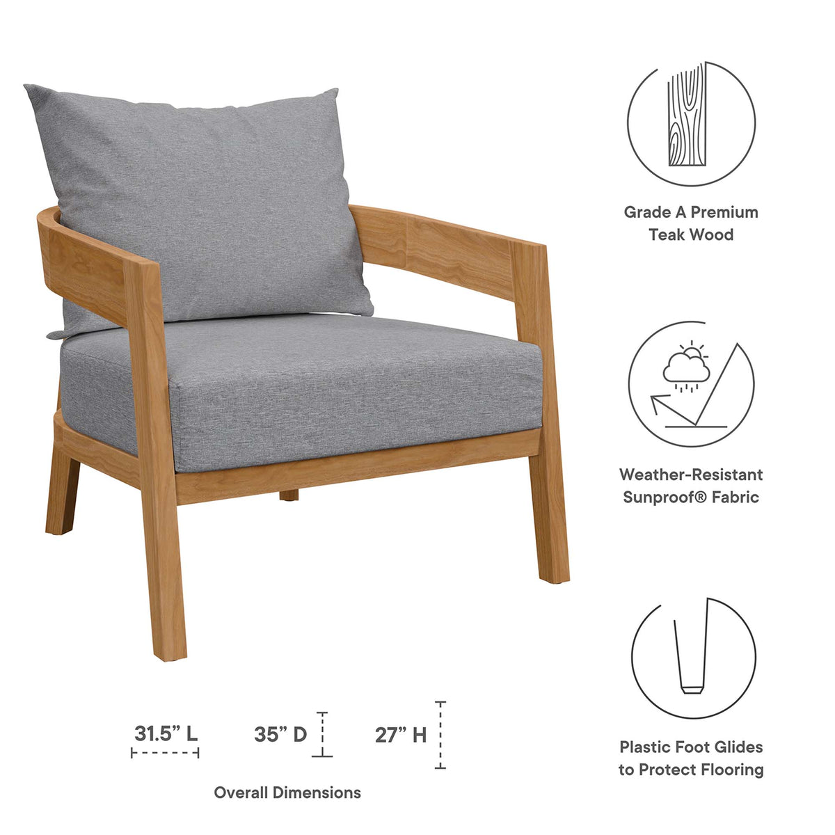 Brisbane 3-Piece Teak Wood Outdoor Patio Set - Natural Gray (2 Armchairs, Side Table)