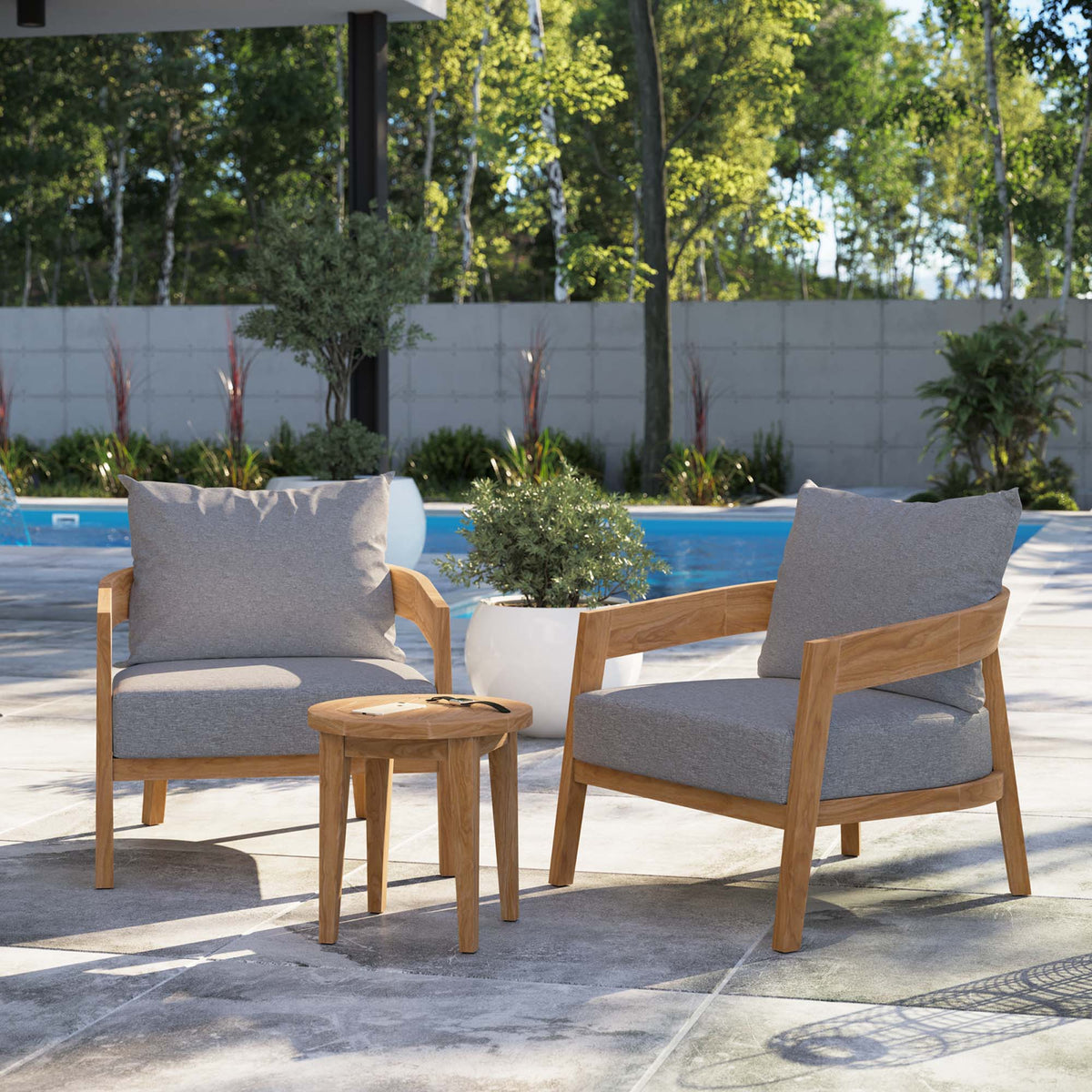 Brisbane 3-Piece Teak Wood Outdoor Patio Set - Natural Gray (2 Armchairs, Side Table)
