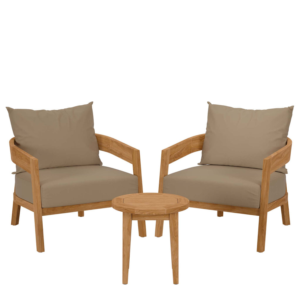 Brisbane 3-Piece Teak Wood Outdoor Patio Set - Natural Light Brown (2 Armchairs, Side Table)