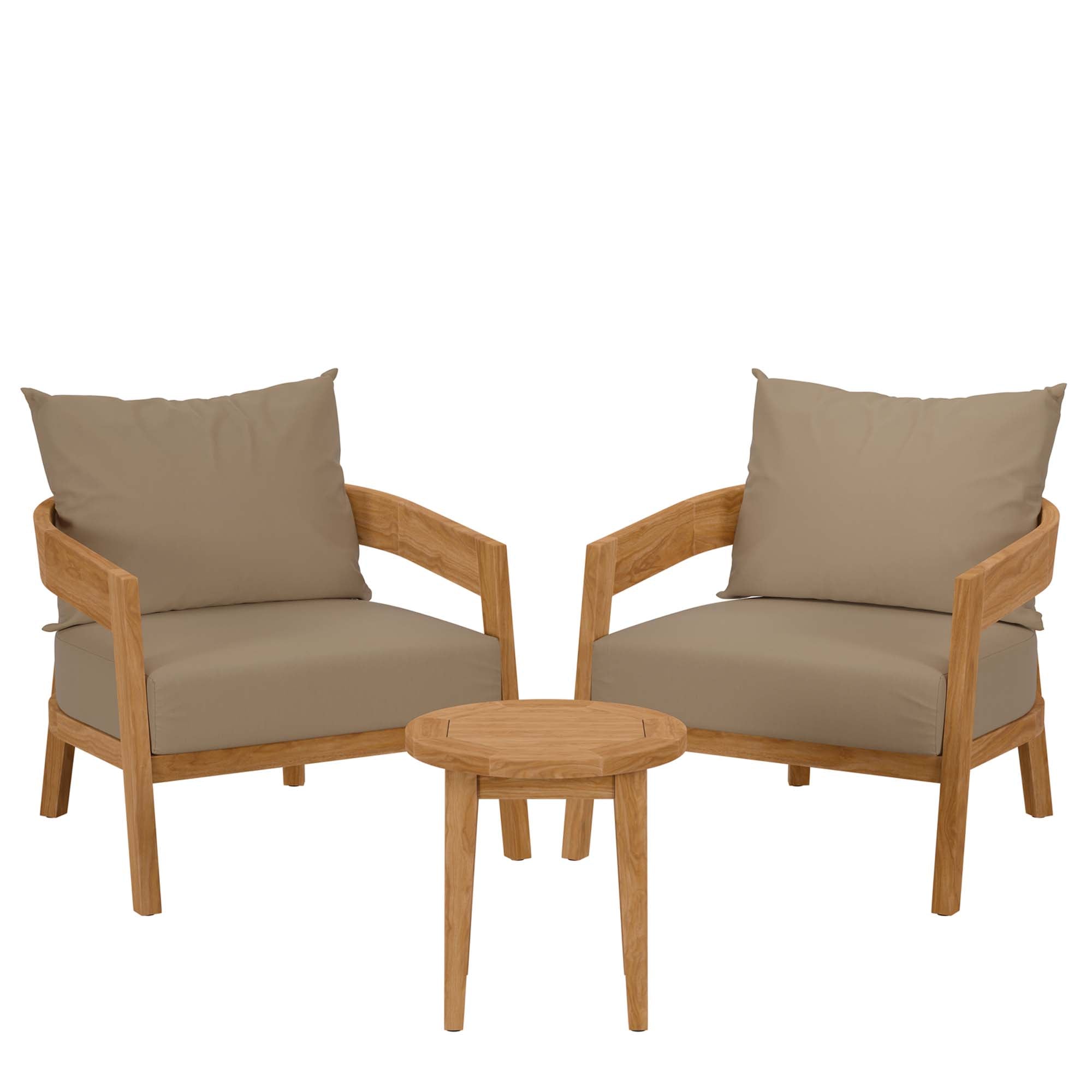 Brisbane 3-Piece Teak Wood Outdoor Patio Set - Natural Light Brown (2 Armchairs, Side Table)