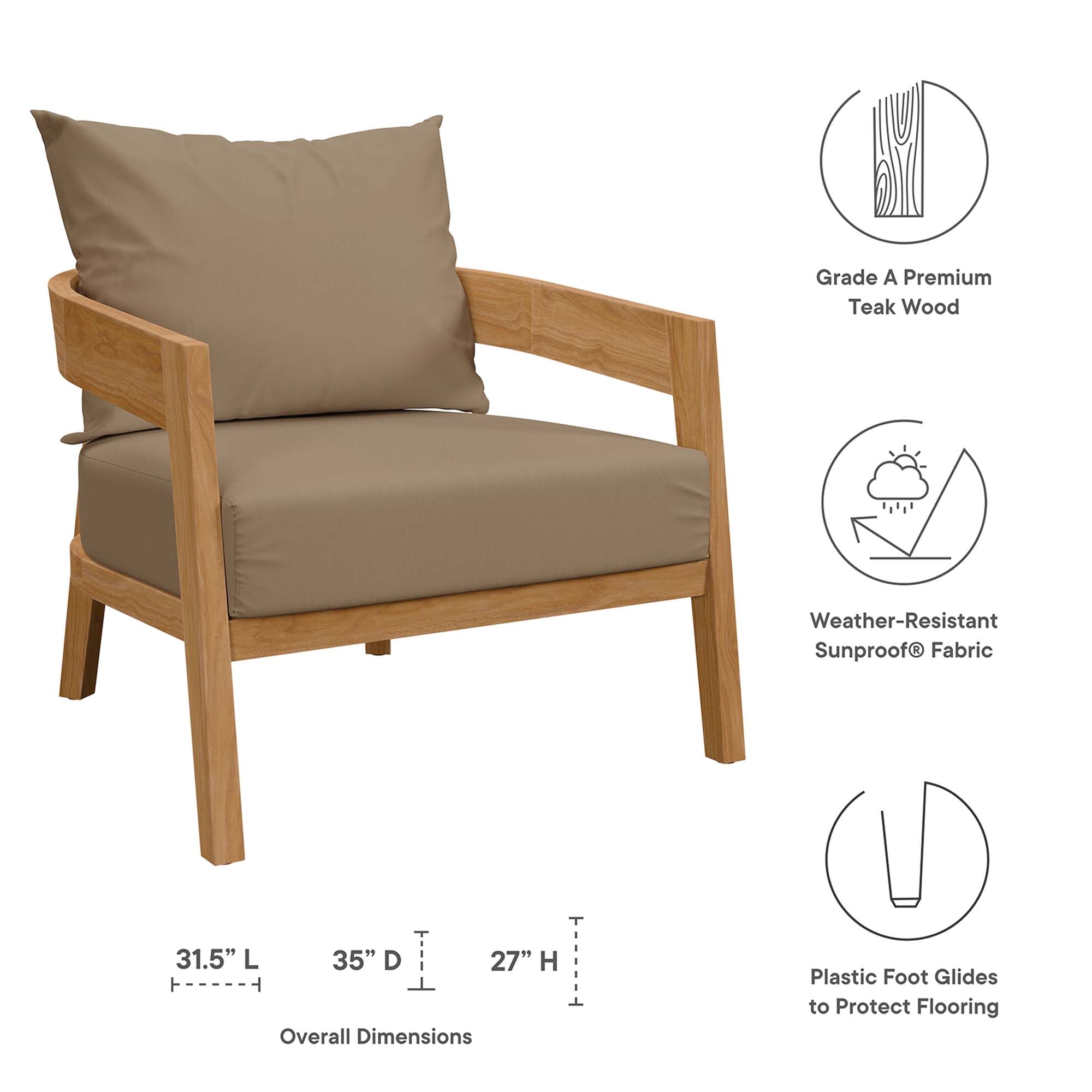 Brisbane 3-Piece Teak Wood Outdoor Patio Set - Natural Light Brown (2 Armchairs, Side Table)