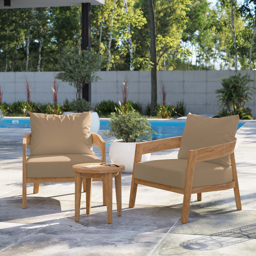 Brisbane 3-Piece Teak Wood Outdoor Patio Set - Natural Light Brown (2 Armchairs, Side Table)