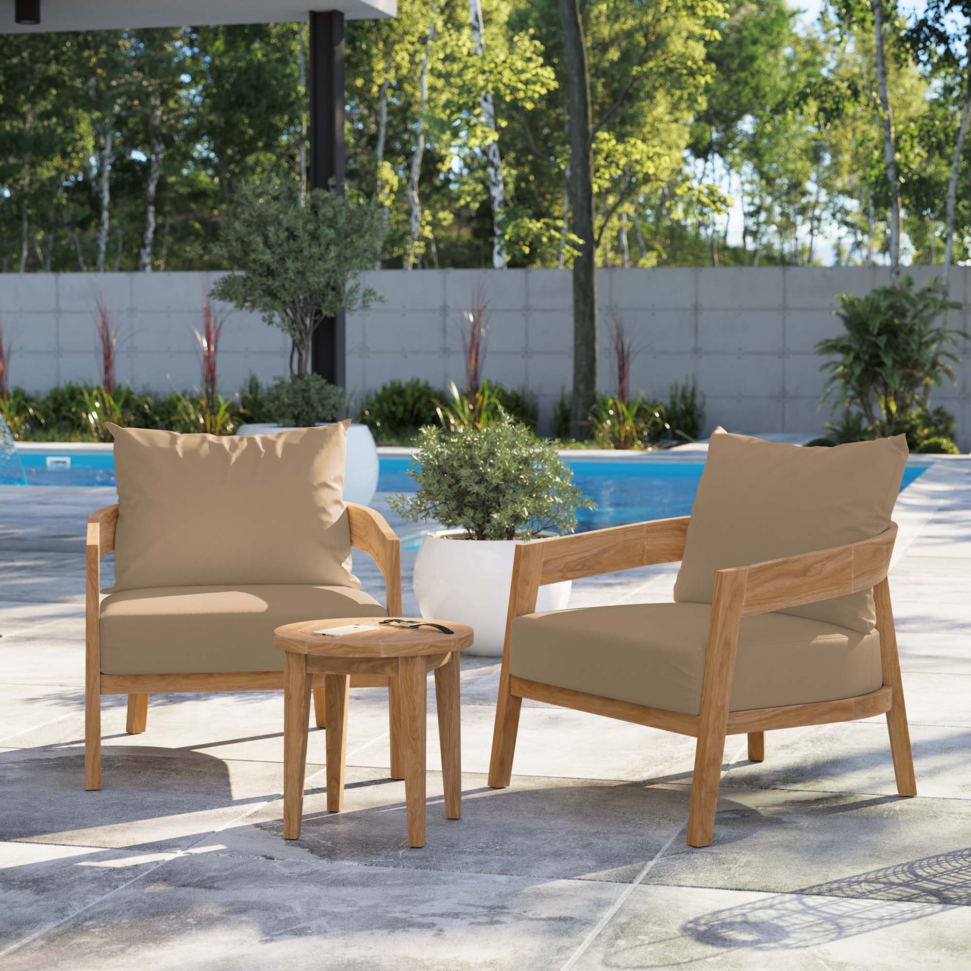 Brisbane 3-Piece Teak Wood Outdoor Patio Set - Natural Light Brown (2 Armchairs, Side Table)