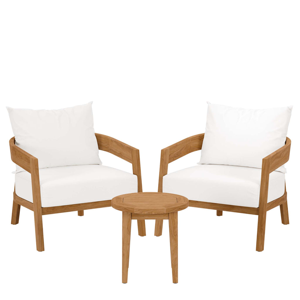Brisbane 3-Piece Teak Wood Outdoor Patio Set - Natural White (2 Armchairs, Side Table)