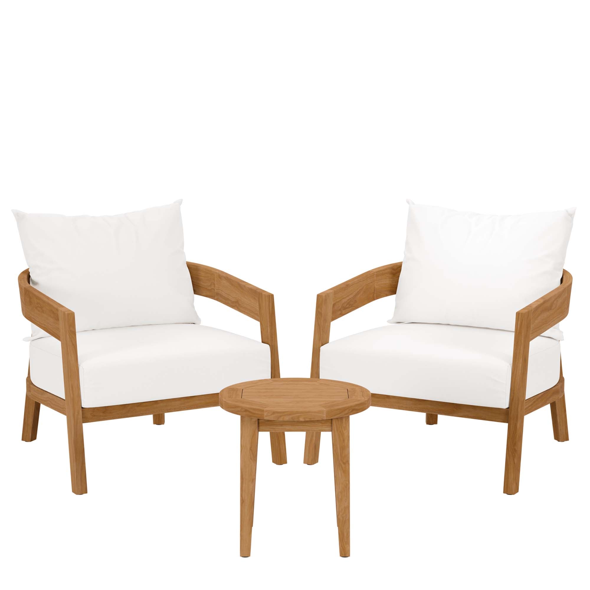 Brisbane 3-Piece Teak Wood Outdoor Patio Set - Natural White (2 Armchairs, Side Table)