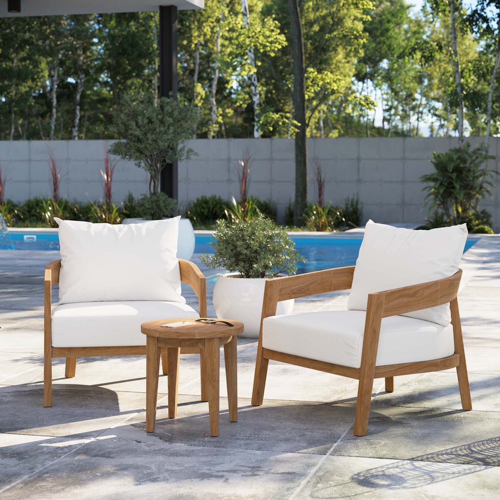 Brisbane 3-Piece Teak Wood Outdoor Patio Set - Natural White (2 Armchairs, Side Table)