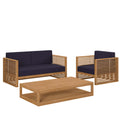 Carlsbad 3-Piece Teak Wood Outdoor Patio Set - Natural Navy (Armchair, Coffee Table, Loveseat)