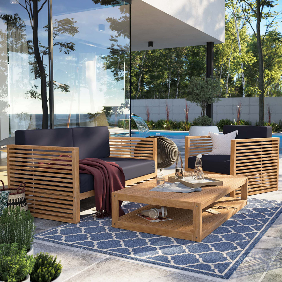 Carlsbad 3-Piece Teak Wood Outdoor Patio Set - Natural Navy (Armchair, Coffee Table, Loveseat)
