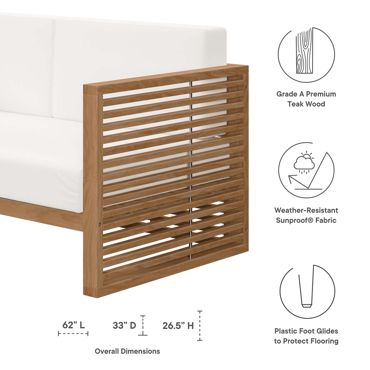 Carlsbad 3-Piece Teak Wood Outdoor Patio Set - Natural White (Armchair, Coffee Table, Loveseat)