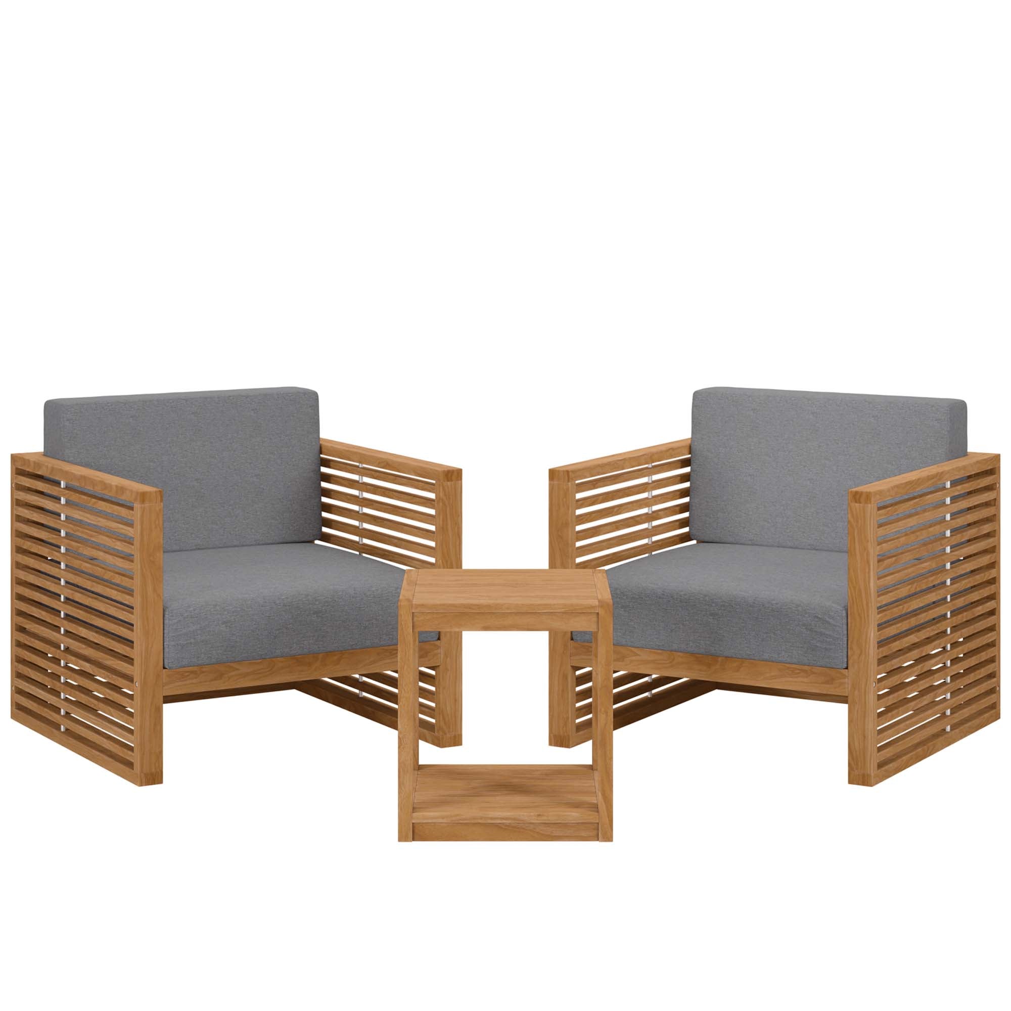 Carlsbad 3-Piece Teak Wood Outdoor Patio Set - Natural Gray (2 Armchairs, Side Table)