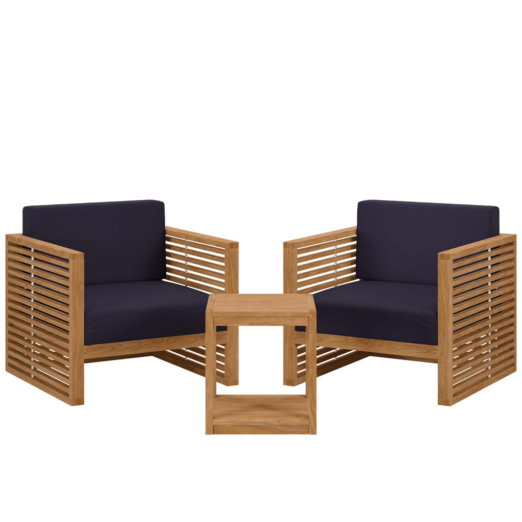 Carlsbad 3-Piece Teak Wood Outdoor Patio Set - Natural Navy (2 Armchairs, Side Table)