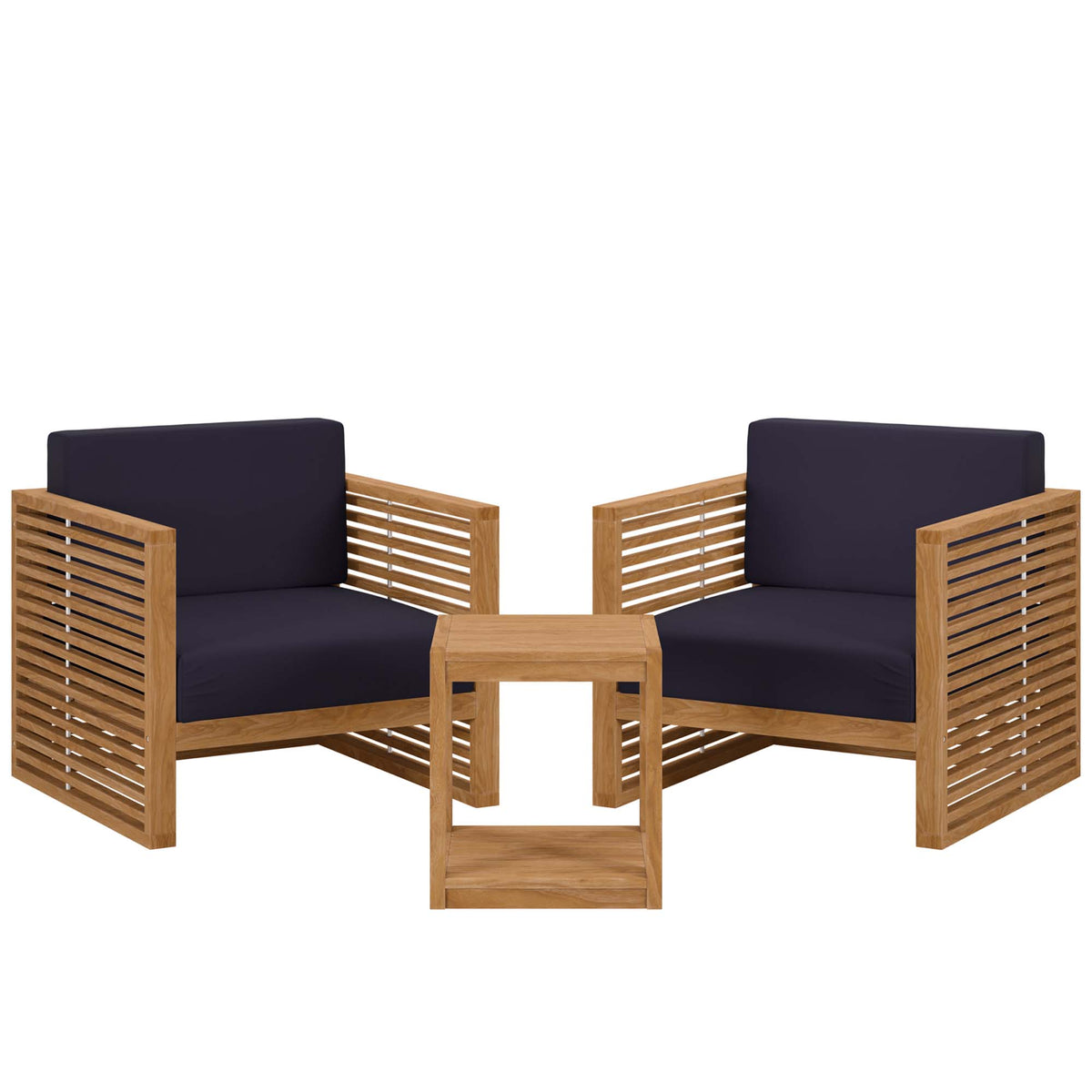Carlsbad 3-Piece Teak Wood Outdoor Patio Set - Natural Navy (2 Armchairs, Side Table)