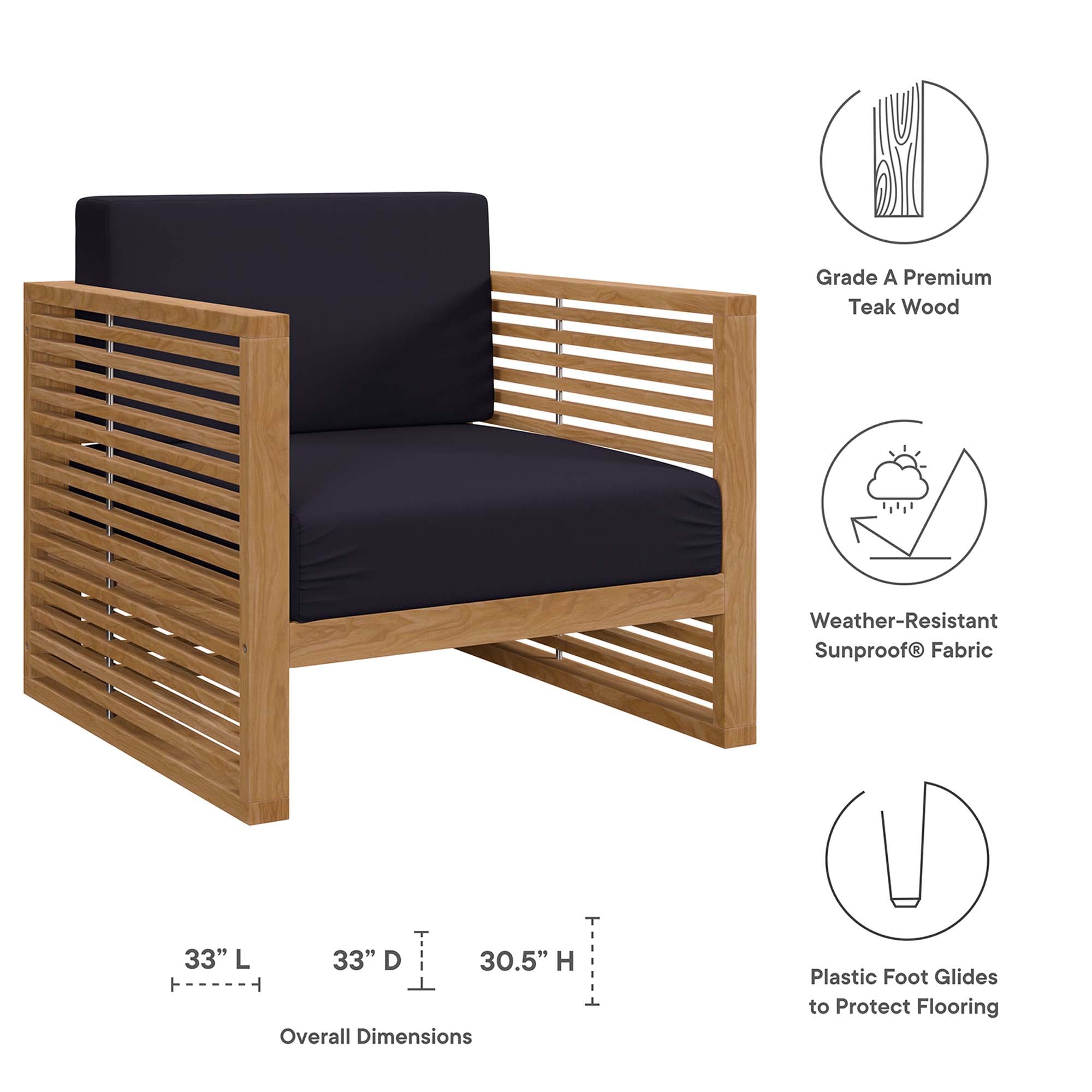 Carlsbad 3-Piece Teak Wood Outdoor Patio Set - Natural Navy (2 Armchairs, Side Table)