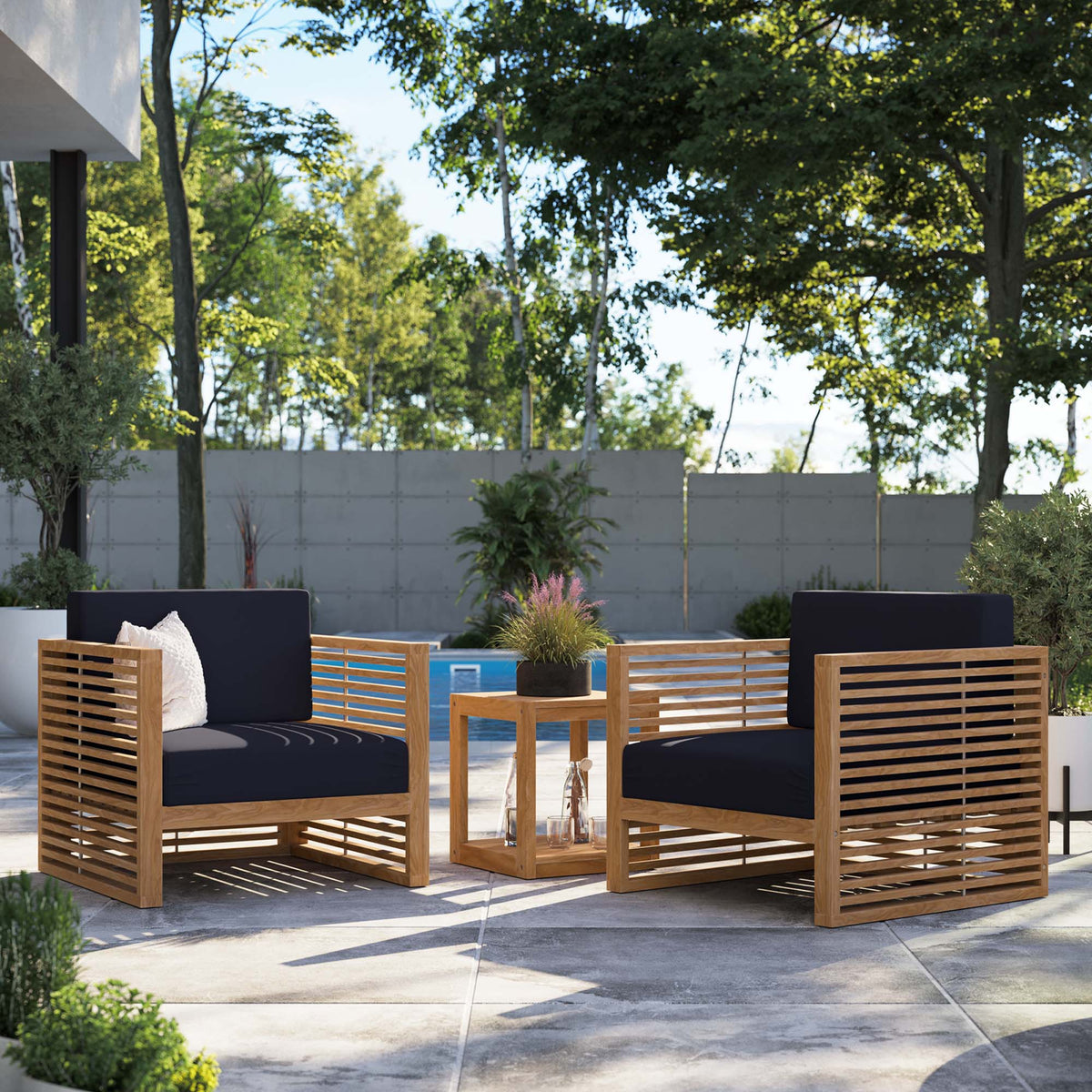 Carlsbad 3-Piece Teak Wood Outdoor Patio Set - Natural Navy (2 Armchairs, Side Table)