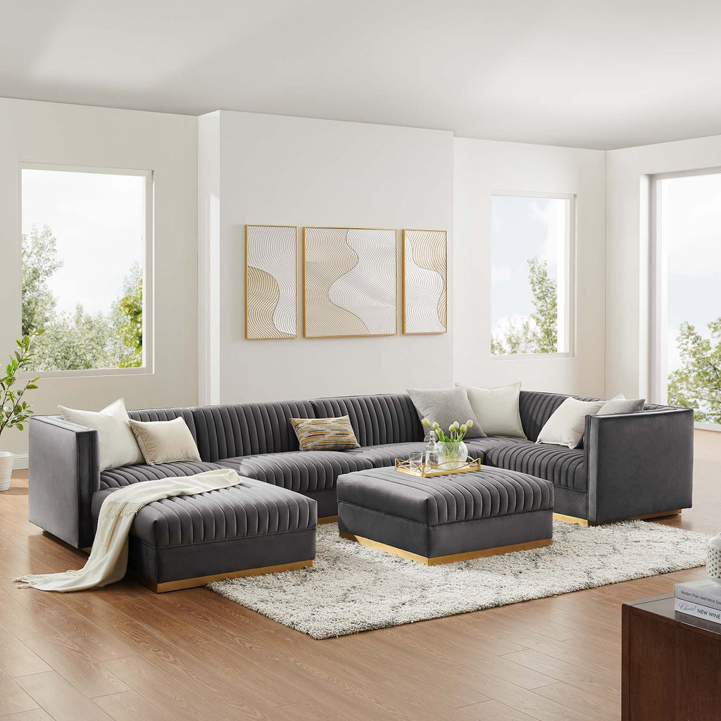 Sanguine 7-Piece Channel Tufted Performance Velvet Right-Facing Modular Sectional Sofa - Gray