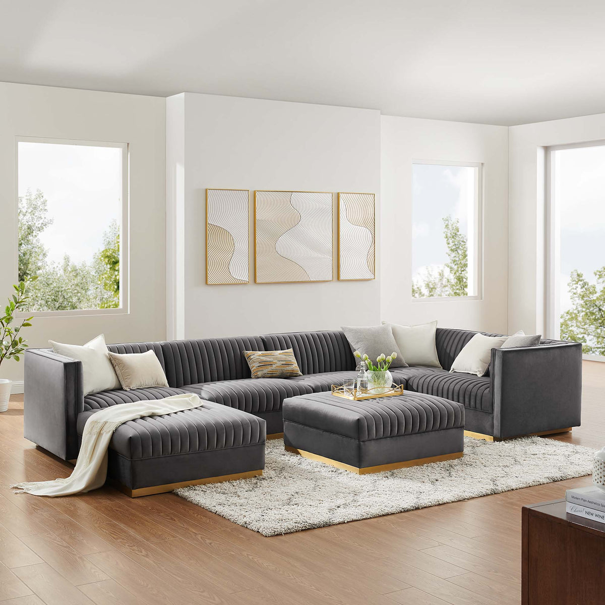 Sanguine 7-Piece Channel Tufted Performance Velvet Right-Facing Modular Sectional Sofa - Gray
