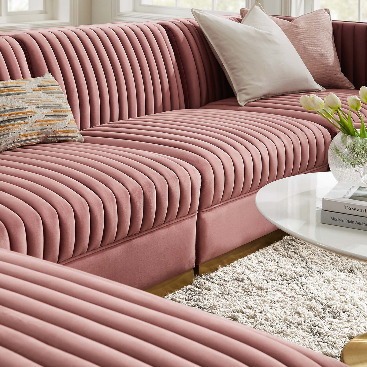 Sanguine 6-Piece Channel Tufted Performance Velvet Modular Sectional Sofa - Dusty Rose