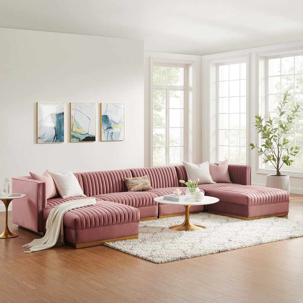 Sanguine 6-Piece Channel Tufted Performance Velvet Modular Sectional Sofa - Dusty Rose