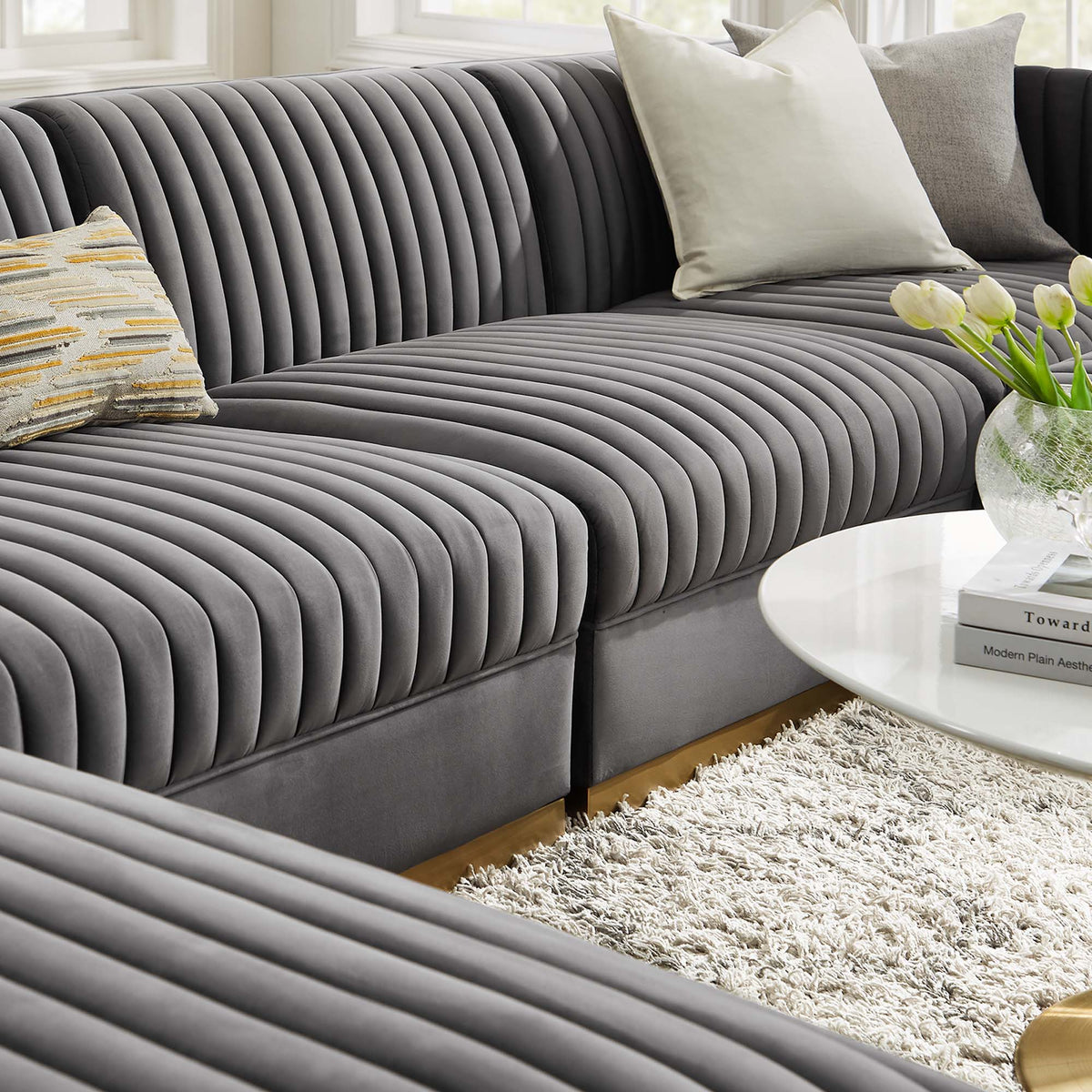 Sanguine 6-Piece Channel Tufted Performance Velvet Modular Sectional Sofa - Gray