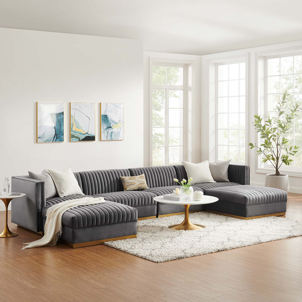 Sanguine 6-Piece Channel Tufted Performance Velvet Modular Sectional Sofa - Gray