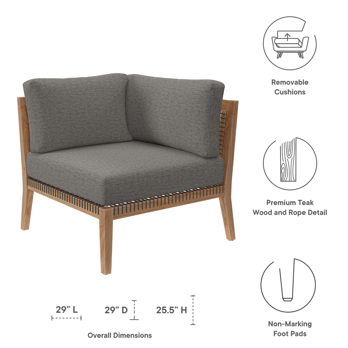 Clearwater Outdoor Patio Teak Wood Corner Chair - Gray Graphite