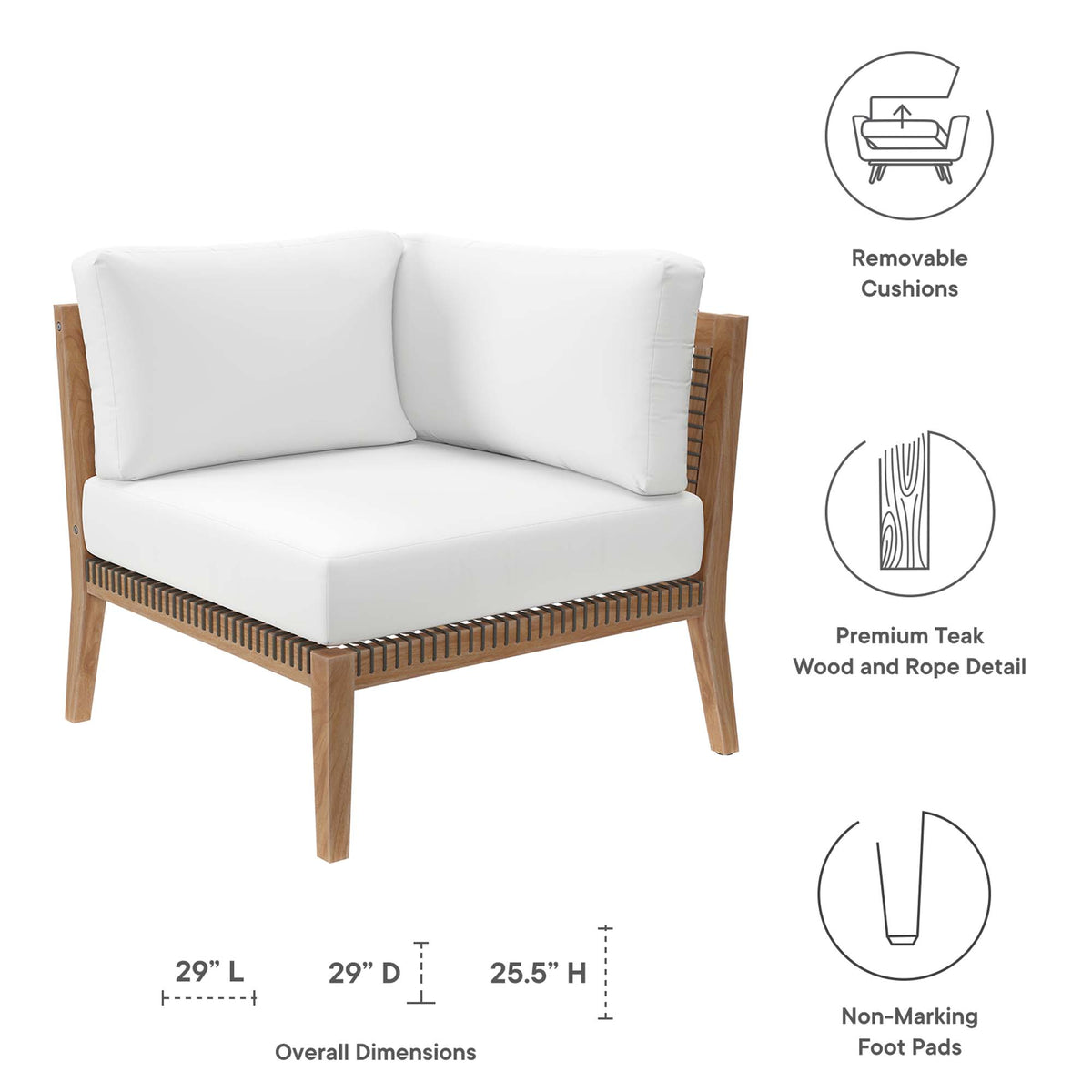 Clearwater Outdoor Patio Teak Wood Corner Chair - Gray White