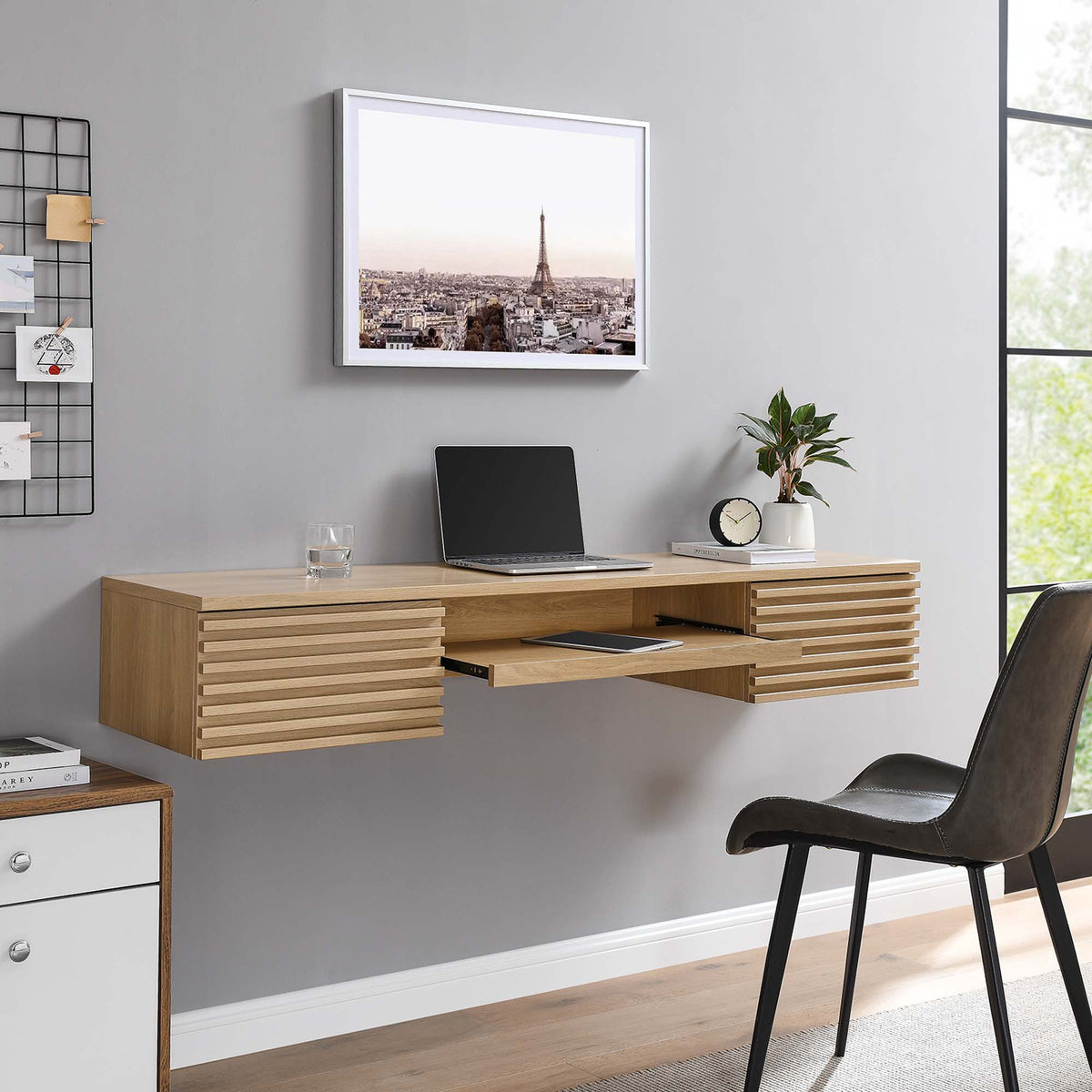 Render Wall Mount Wood Office Desk - Oak