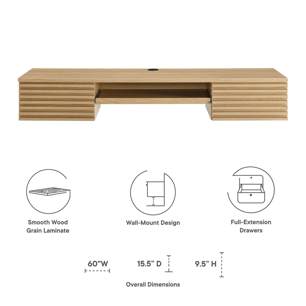 Render Wall Mount Wood Office Desk - Oak