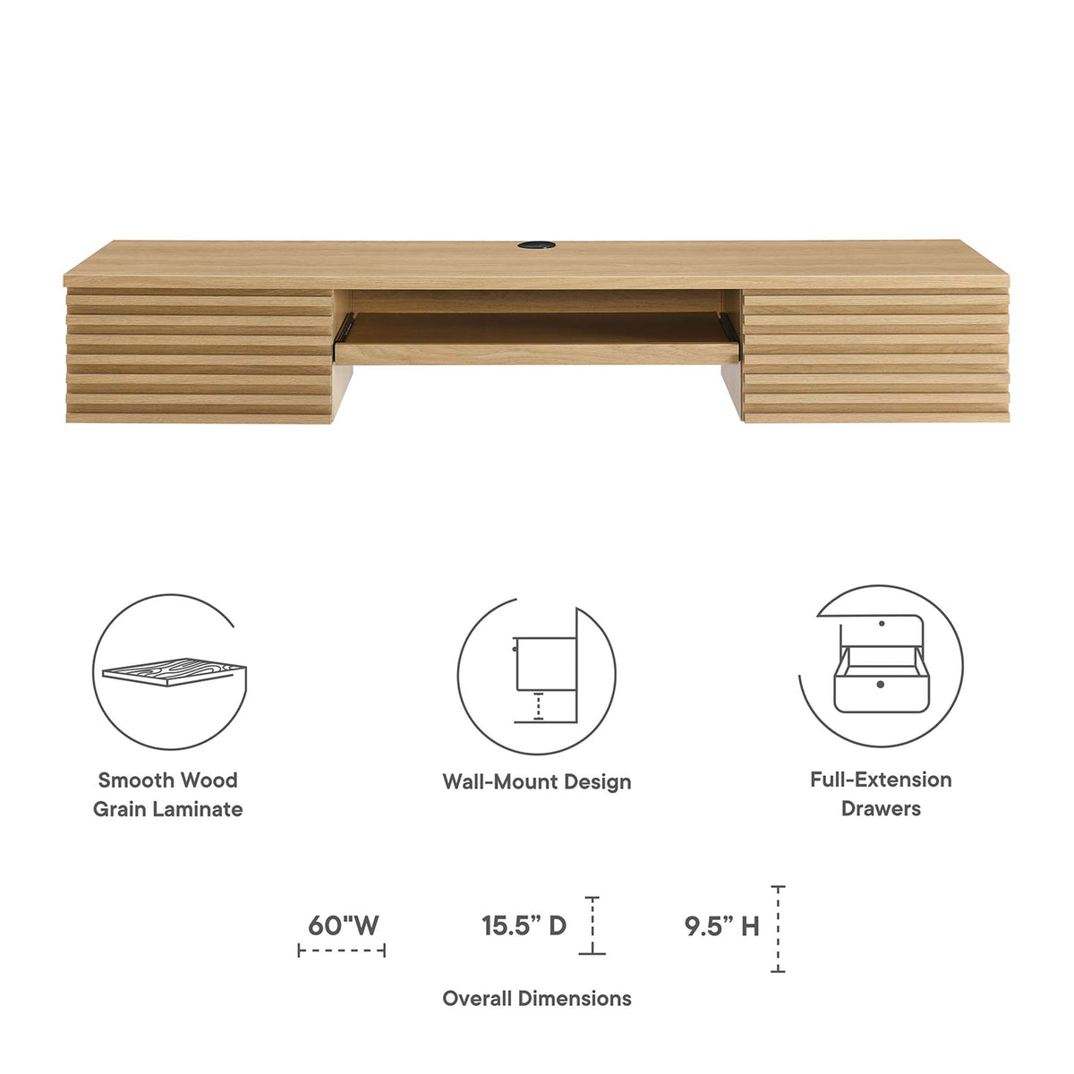 Render Wall Mount Wood Office Desk - Oak