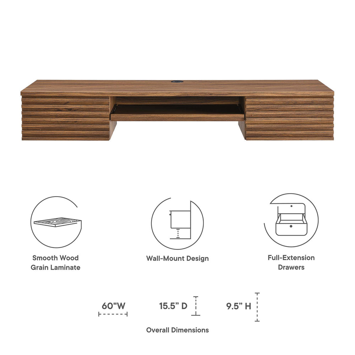 Render Wall Mount Wood Office Desk - Walnut