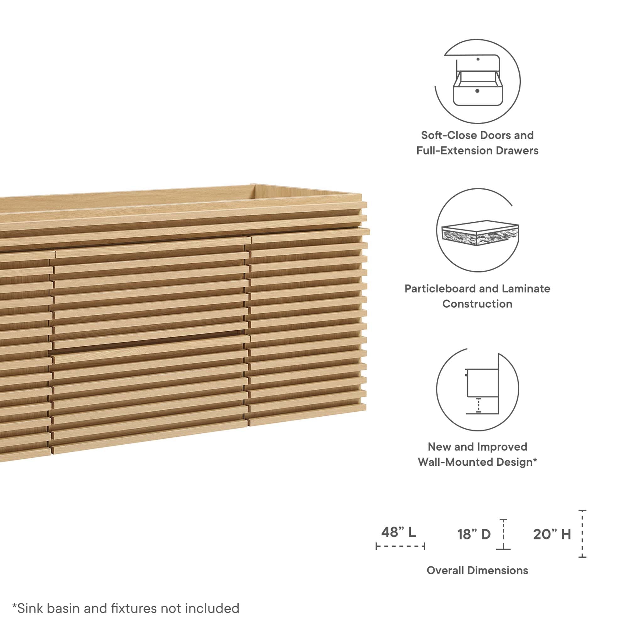 Render 48" Single Sink Compatible (Not Included) Bathroom Vanity Cabinet - Oak