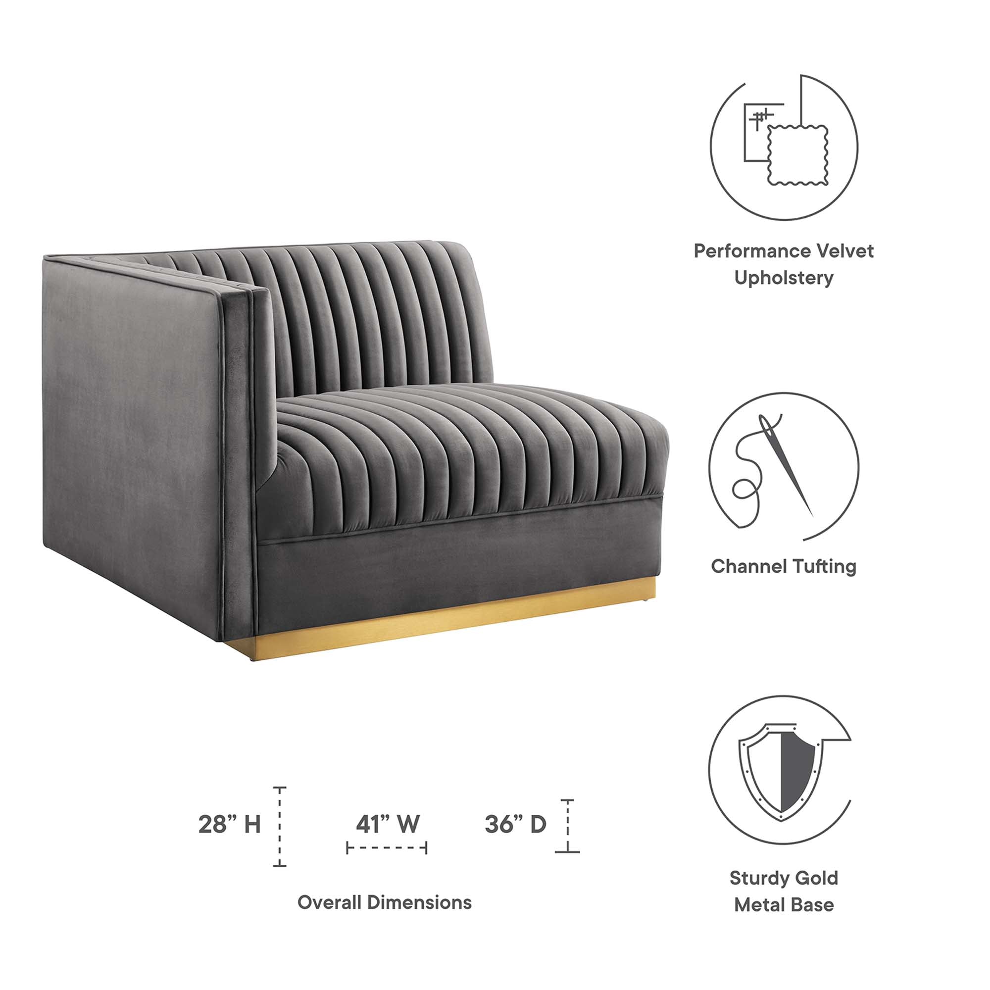 Sanguine Channel Tufted Performance Velvet Modular Sectional Sofa Left-Arm Chair - Gray