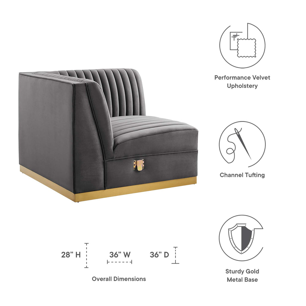 Sanguine Channel Tufted Performance Velvet Modular Sectional Sofa Right Corner Chair - Gray