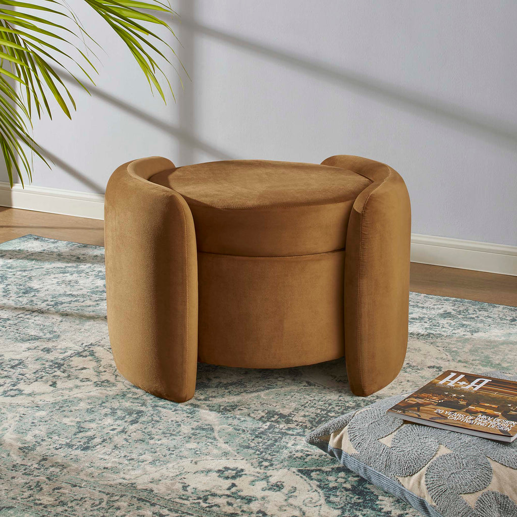 Nebula Upholstered Performance Velvet Ottoman - Cognac