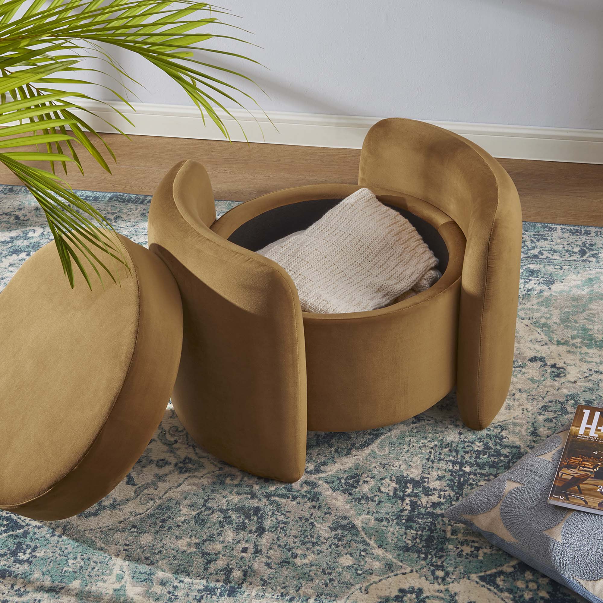 Nebula Upholstered Performance Velvet Ottoman - Cognac
