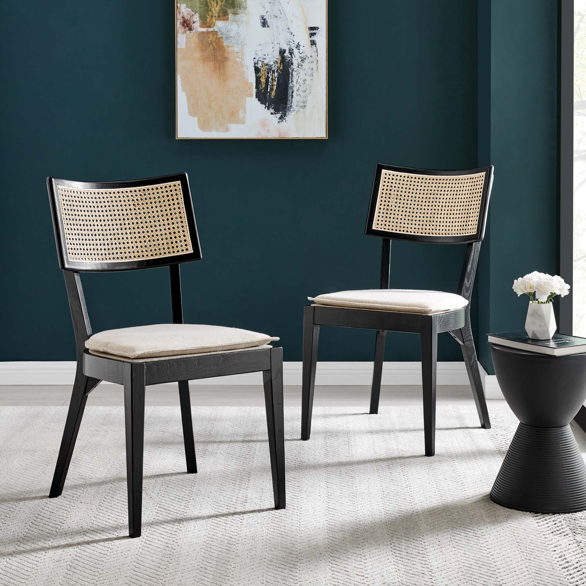 Caledonia Fabric Upholstered Wood Dining Chair Set of 2 - Black Beige